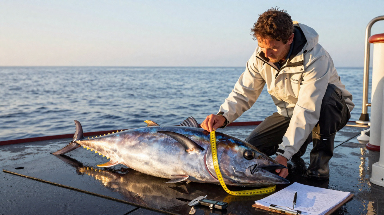 Homem medindo atum grande em barco no mar durante o dia com fita métrica e caderno ao lado.