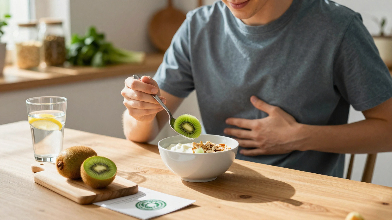 Pessoa segurando o estômago enquanto come iogurte com kiwi e granola em mesa de madeira clara.