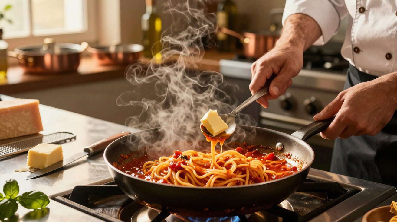 Mãos de cozinheiro colocando manteiga em frigideira com espaguete ao molho de tomate quente na cozinha.