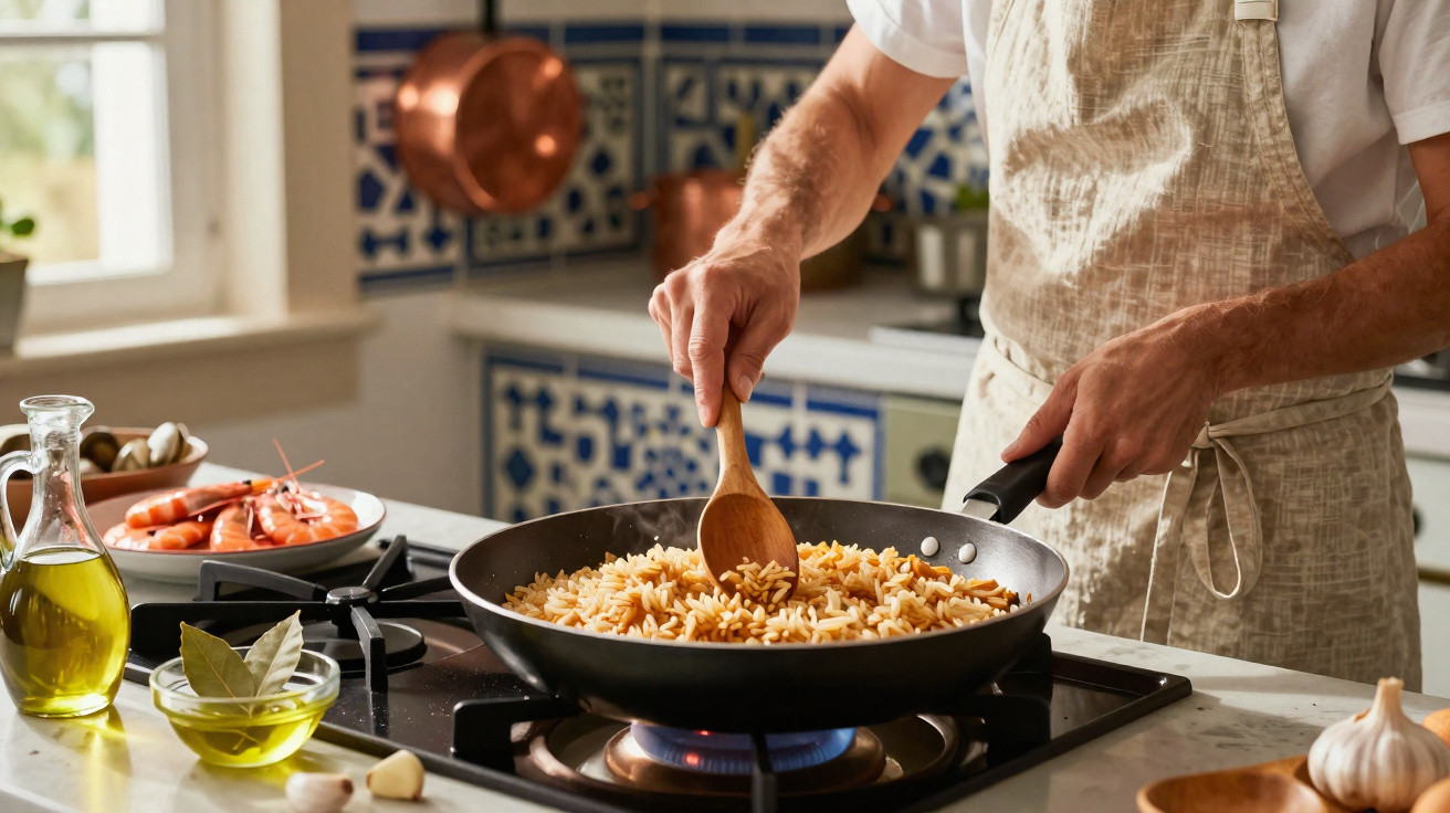 Pessoa mexendo arroz em frigideira no fogão de cozinha com ingredientes ao redor.