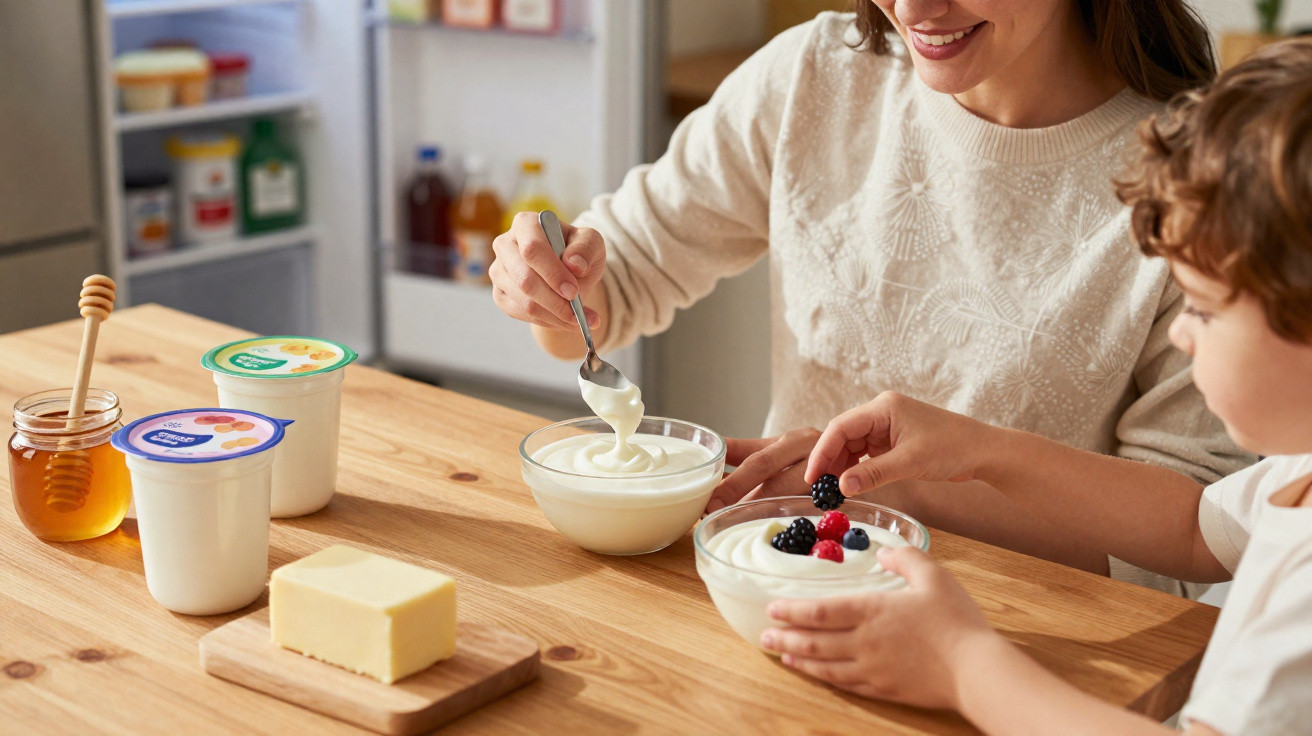 Mulher e criança preparando iogurte com frutas na mesa de cozinha de madeira.