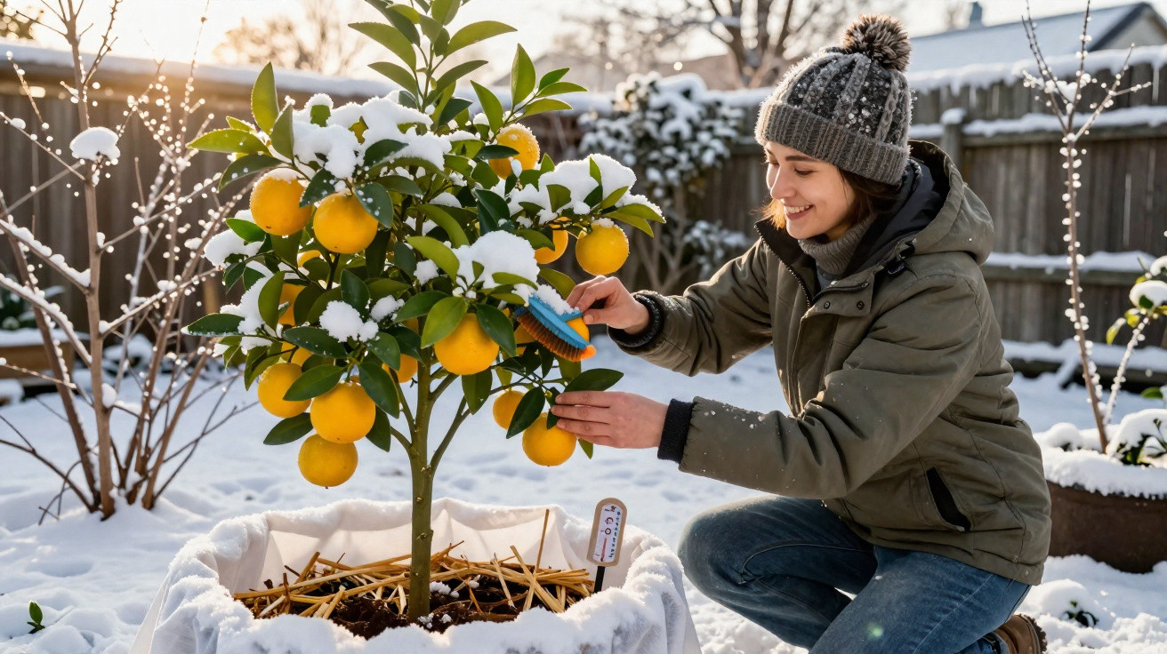 Mulher com jaqueta e gorro limpa folhas de árvore de laranja coberta de neve no jardim.