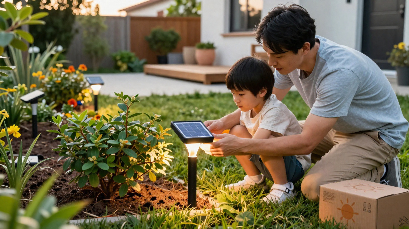 Pai e filho ajustando luz solar no jardim ao entardecer, com plantas e flores ao redor.