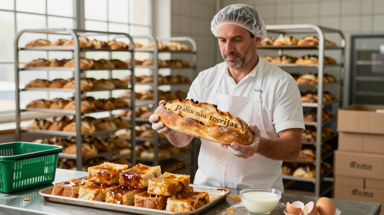 Homem em padaria segurando pão "Pão para torrijas" com bandeja de torrijas e ingredientes na mesa.