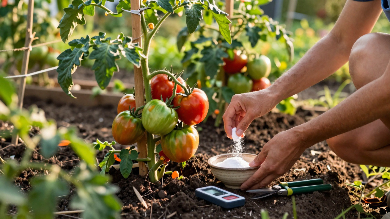 Mãos aplicando pó branco em planta de tomate com frutos verdes e maduros em jardim ao ar livre.