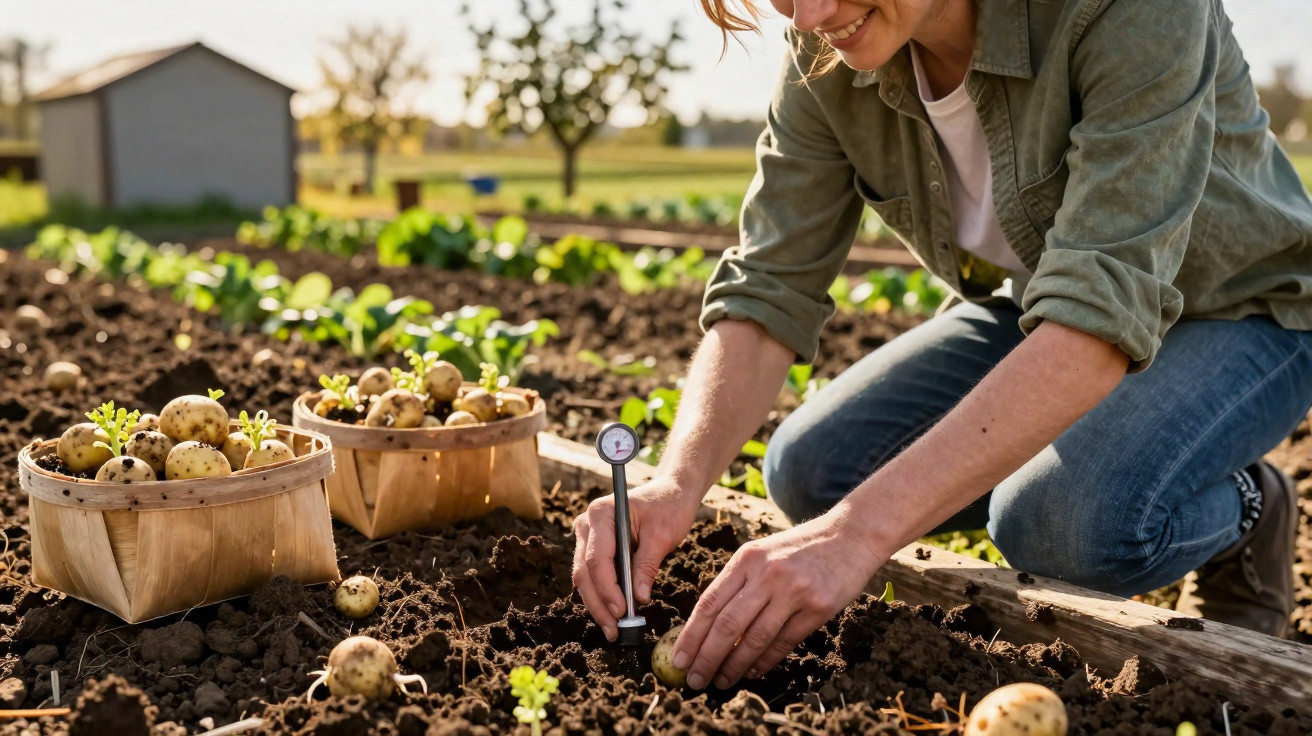 Mulher medindo umidade do solo em horta com batatas recém-colhidas em cestos de madeira.