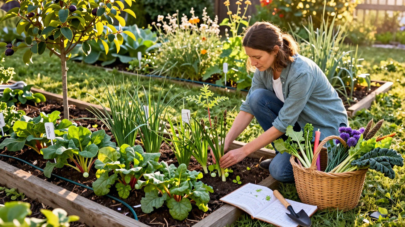 Mulher cuidando de plantas em canteiros de horta com cesta cheia de vegetais colhidos ao lado.