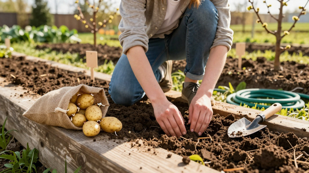 Pessoa plantando batatas em canteiro de madeira, com saco aberto de batatas e pá ao lado.