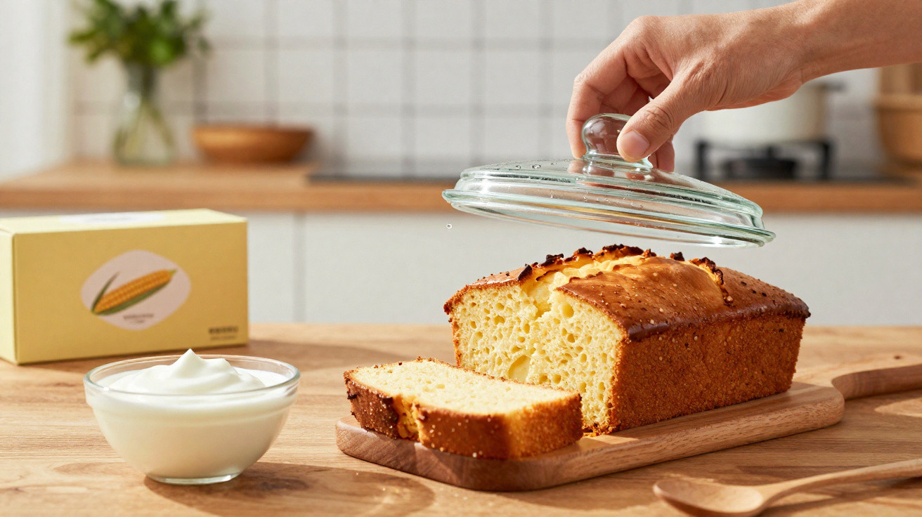 Mão levantando tampa de vidro sobre bolo de milho fatiado em tábua de madeira com creme ao lado.