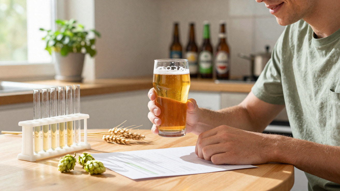 Homem segurando copo de cerveja com amostras em tubos de ensaio e ingredientes sobre mesa de madeira.
