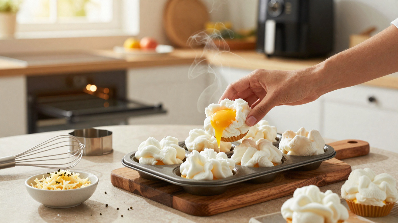 Mão segurando cupcake de merengue com gema de ovo escorrendo em forma de muffin na cozinha.