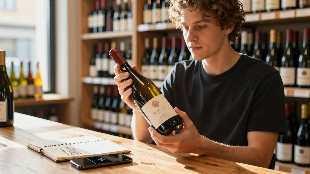 Jovem analisando rótulo de garrafa de vinho em adega com prateleiras ao fundo.