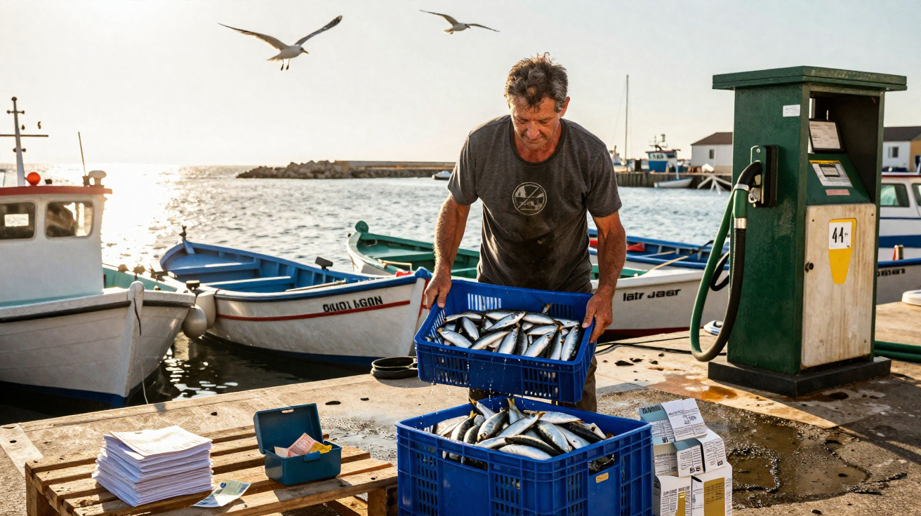 Pescador descarregando caixas de peixes no cais com barcos e gaivotas ao fundo durante o dia.