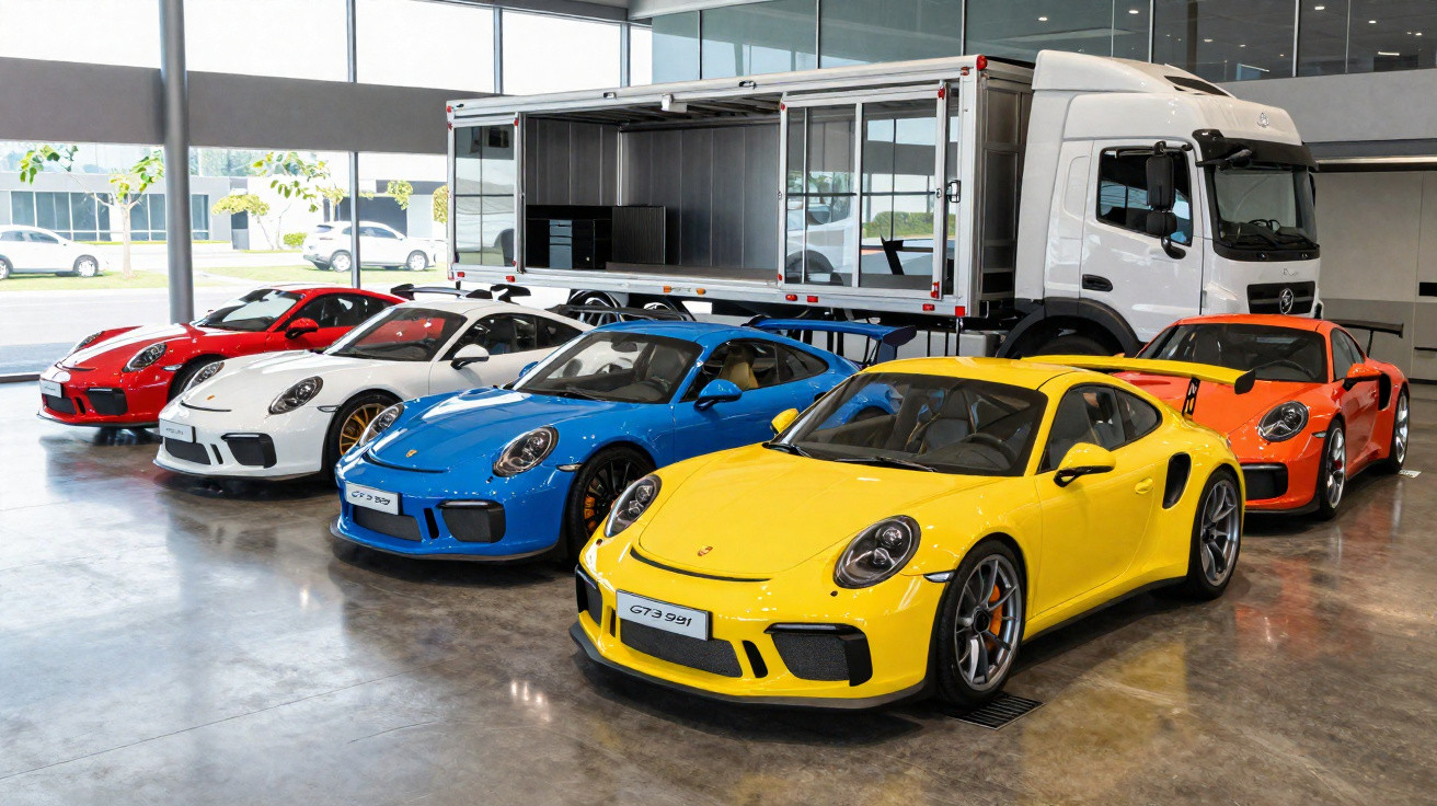 Cinco carros esportivos Porsche GT3 em cores vibrantes ao lado de um caminhão branco em showroom.