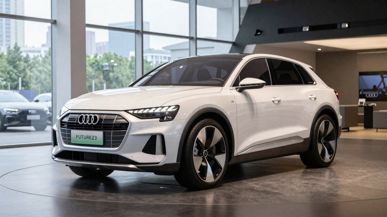 Carro SUV elétrico branco Audi e-tron exposto em showroom moderno com fachada de vidro.