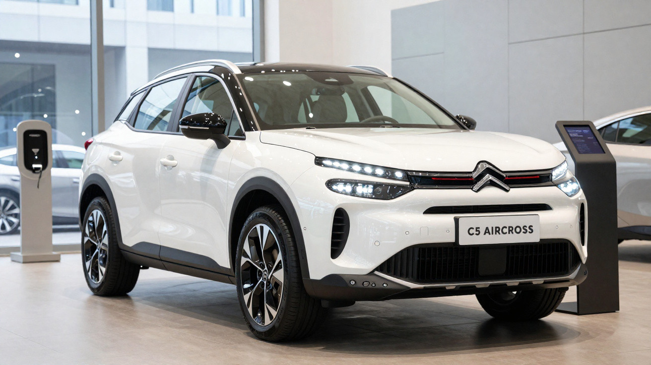SUV branco Citroën C5 Aircross em exposição em showroom moderno com piso claro e iluminação natural.