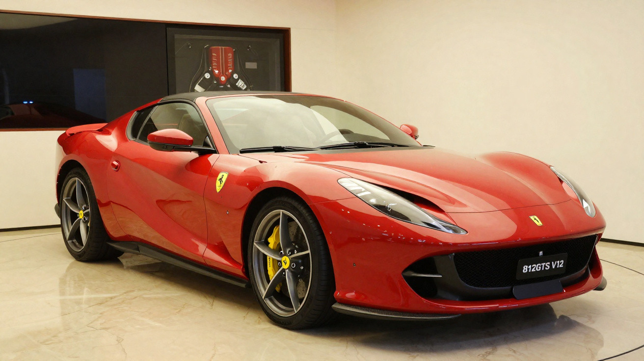Carro esportivo vermelho Ferrari 812 GTS V12 estacionado em piso claro interno.
