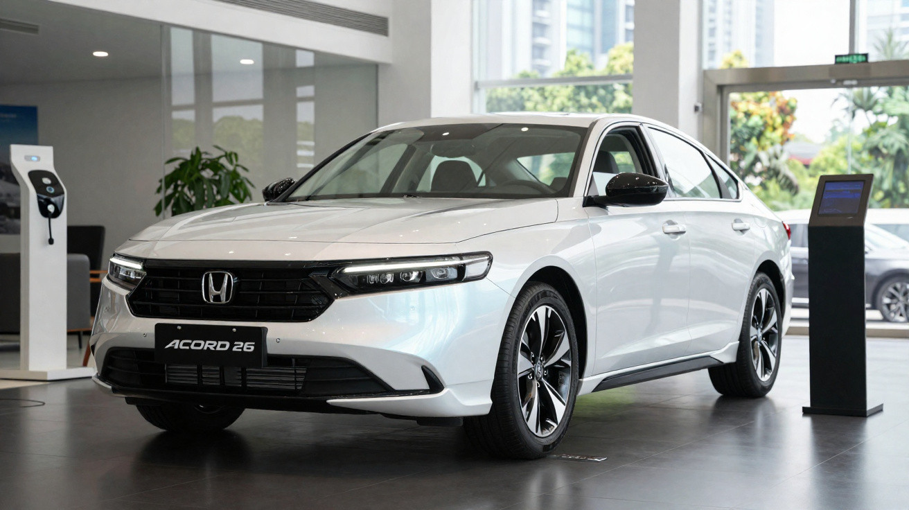 Carro Honda Accord 2026 branco exibido em showroom moderno com piso escuro e painel informativo ao lado.