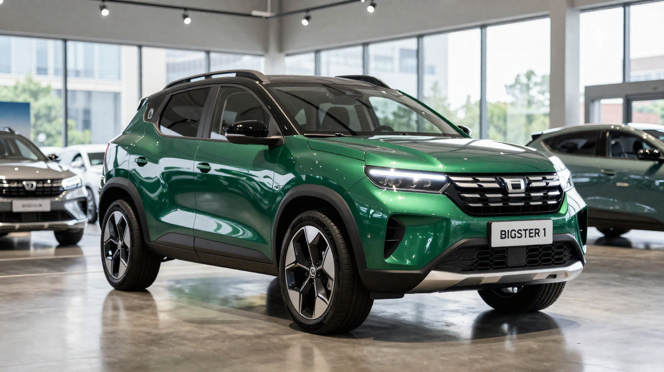 Carro SUV verde modelo Bigster 1 em exposição interna com teto preto e detalhes em preto.