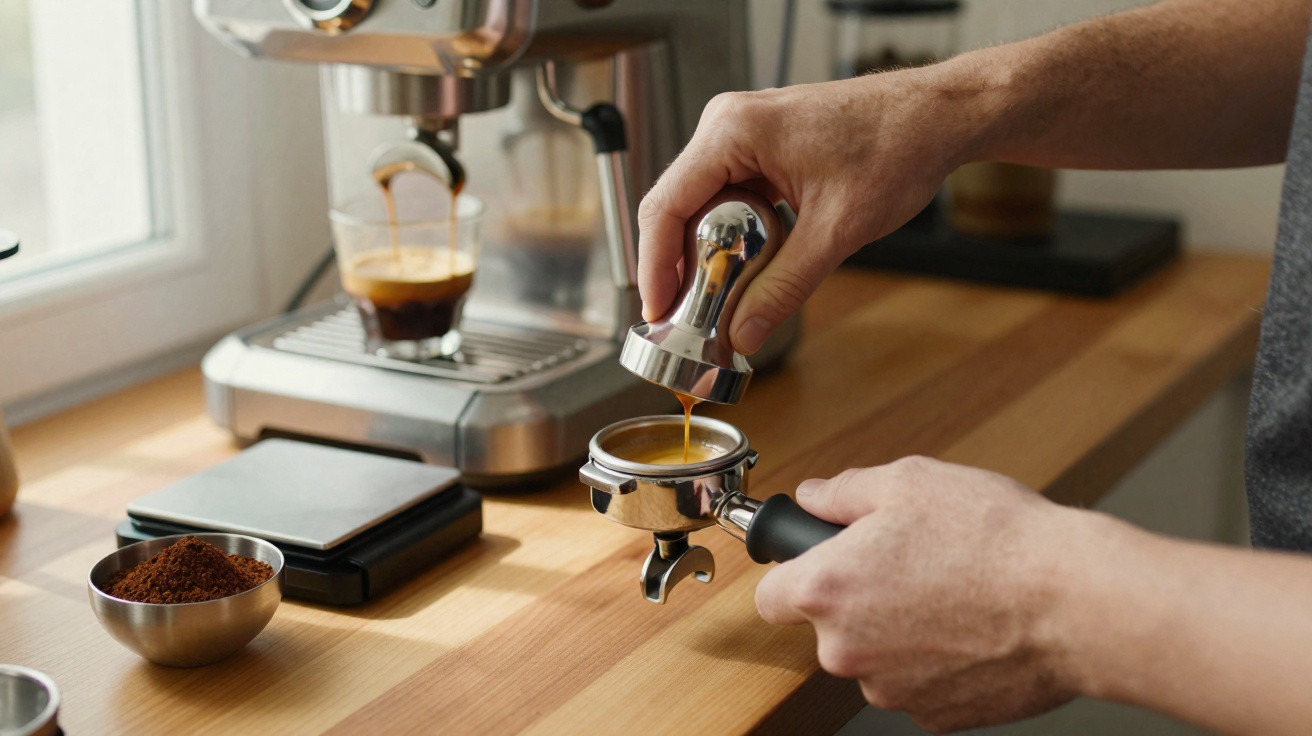 Pessoa prensando café em porta-filtro ao lado de máquina de café espresso na bancada de madeira.