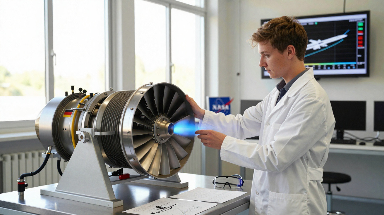 Jovem cientista em jaleco testa motor a jato em laboratório com equipamentos e estudos no fundo.