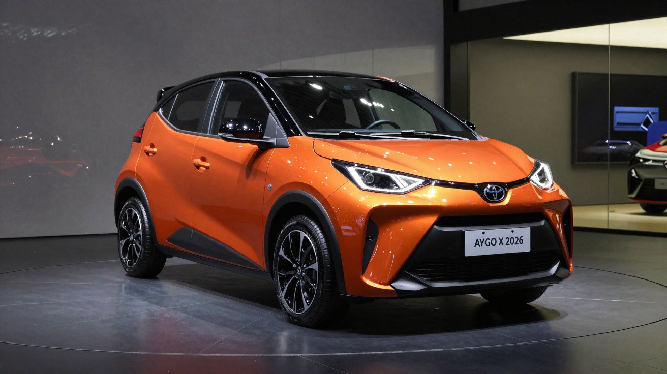 Carro compacto Toyota Aygo X 2026 laranja com teto preto exposto em estande de salão automotivo.