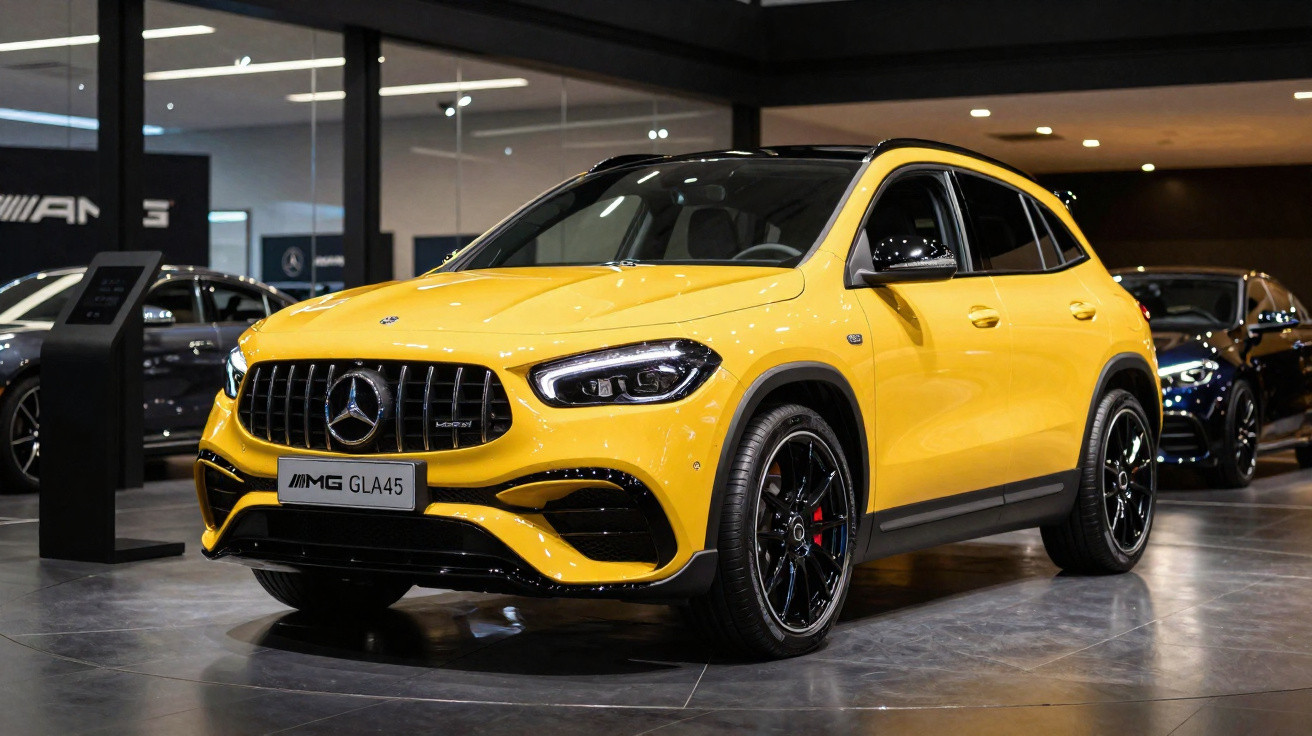 Carro SUV Mercedes-Benz AMG GLA45 amarelo estacionado em showroom moderno e iluminado.