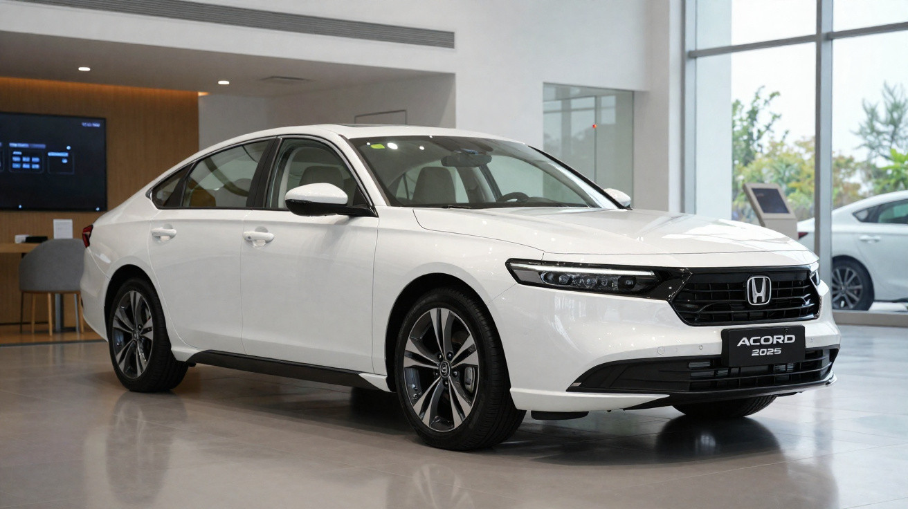 Carro branco Honda Accord 2025 exibido em showroom moderno com piso refletivo e iluminação interna.