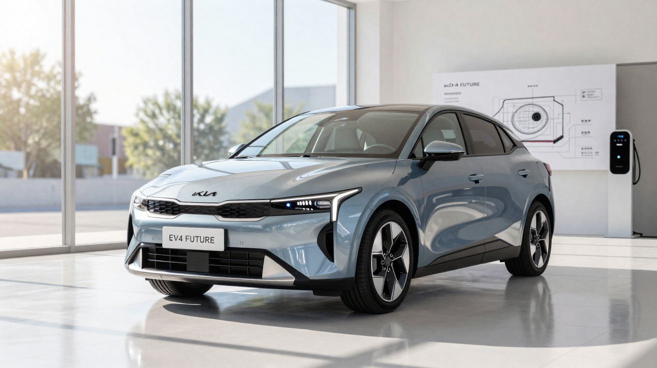 Carro elétrico Kia EV4 Future cinza exibido em ambiente interno moderno com parede de vidro.