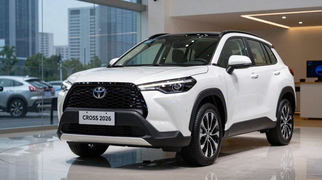 Carro SUV branco Toyota Cross 2026 exposto em showroom moderno com grandes janelas e edifícios ao fundo.