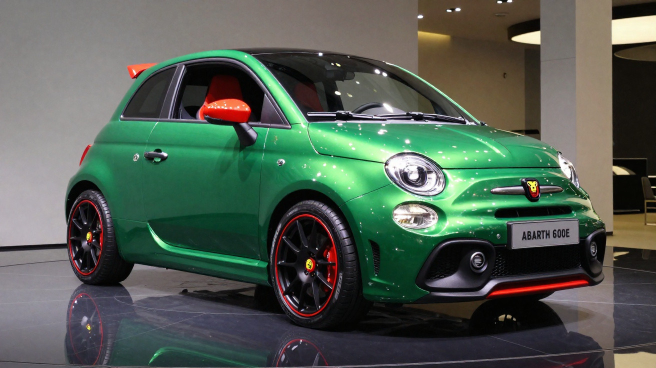 Carro esportivo compacto verde com detalhes vermelhos exibido em showroom moderno.