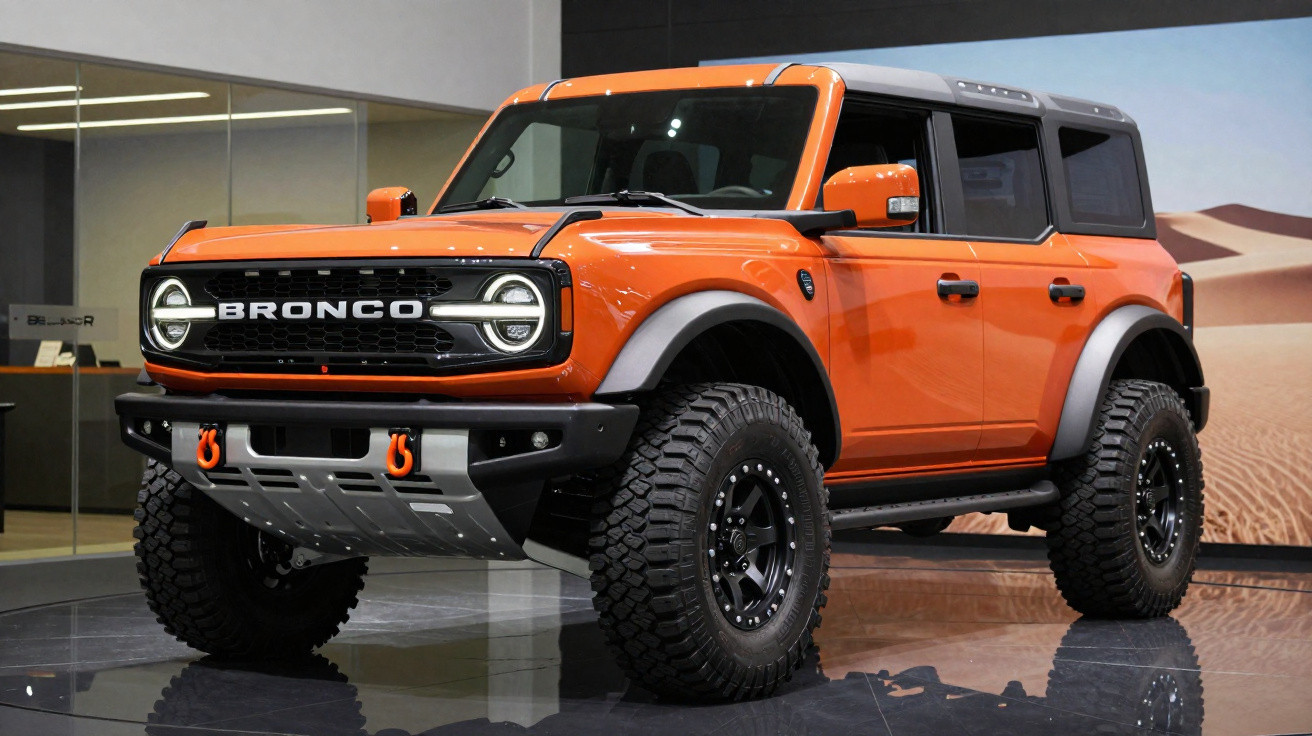 Carro off-road Ford Bronco laranja com pneus grandes exibido em salão automotivo.