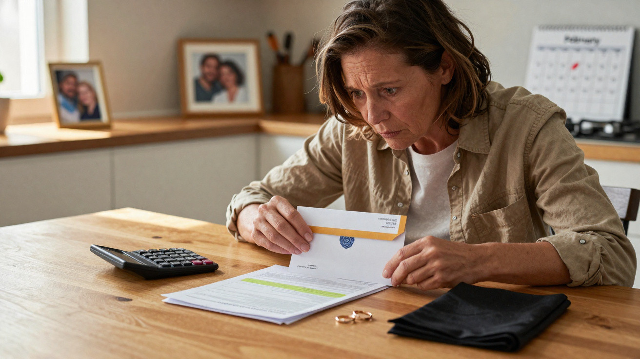 Mulher preocupada lendo carta sentada à mesa com calculadora, alianças e foto de casal ao fundo.