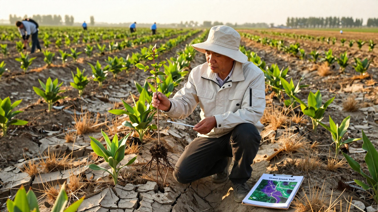 Agricultor observando muda em campo seco com outras plantas e caderno ao lado ao amanhecer.