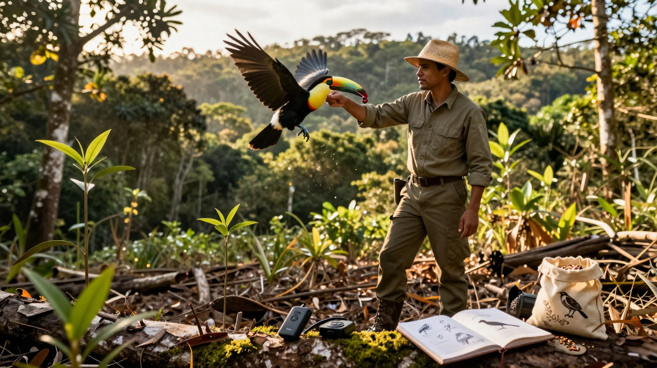 Homem alimenta um tucano em floresta tropical ao amanhecer com livros e equipamentos sobre um tronco.