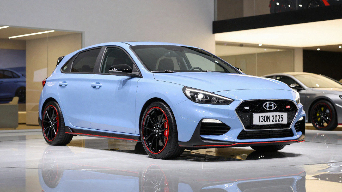 Carro Hyundai i30 N 2025 azul claro em exposição em ambiente interno moderno.
