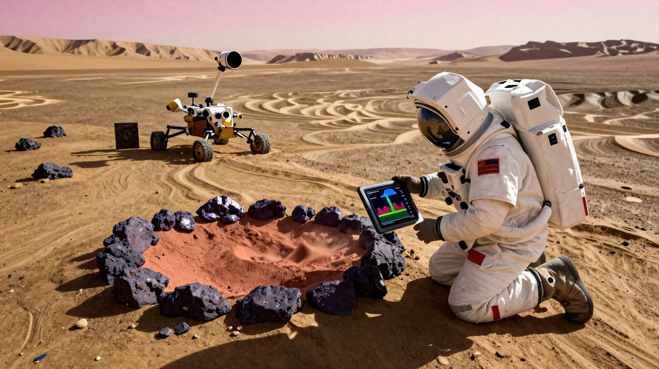 Astronauta com tablet analisa crateras rodeadas por pedras em paisagem marciana com rover ao fundo.