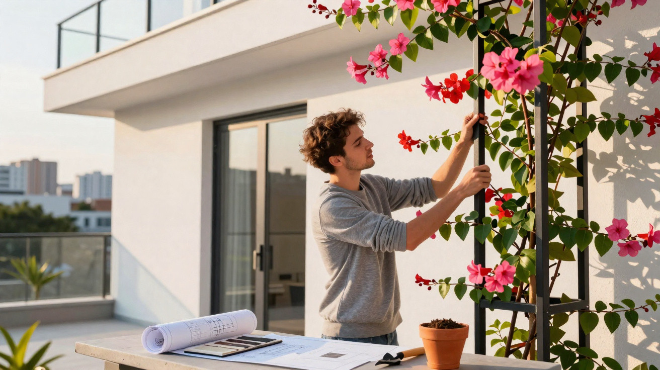 Homem cuidando de planta com flores rosas em varanda moderna com plantas e plantas arquitetônicas.