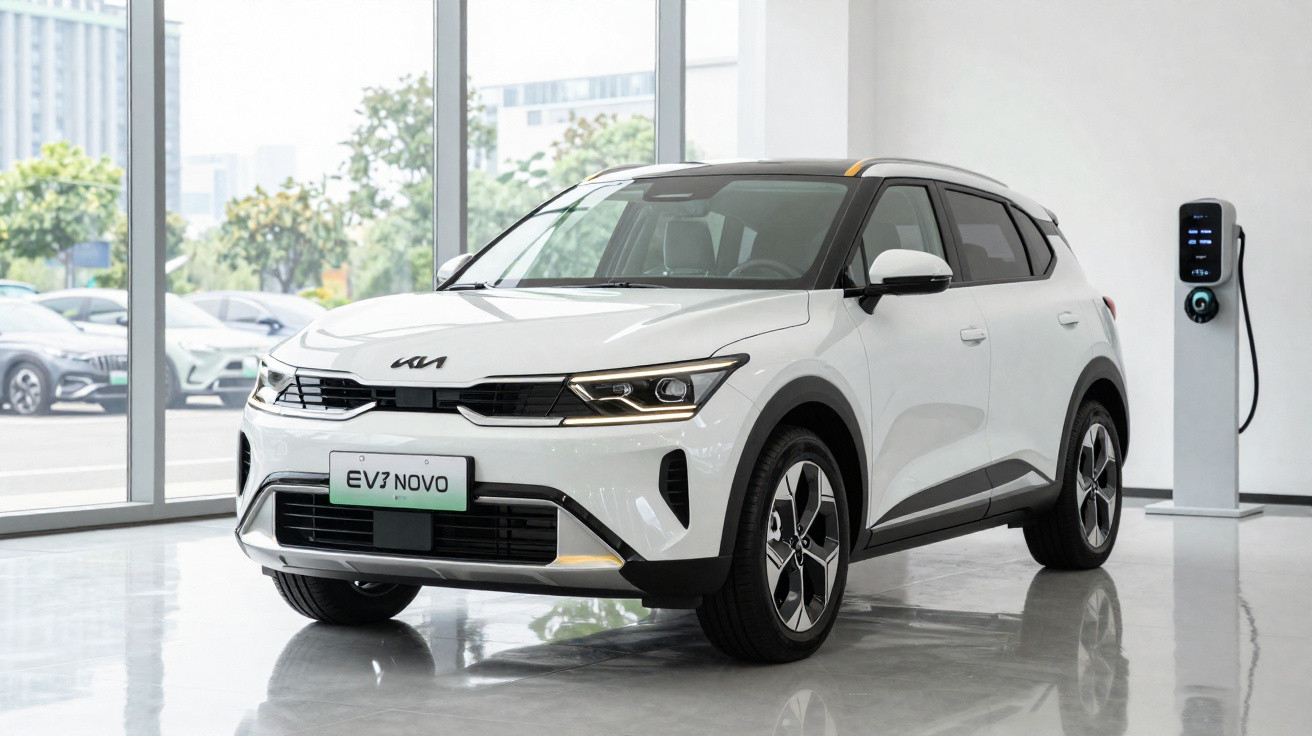 Carro elétrico branco Kia EV3 Novo em showroom com estação de recarga ao lado, piso refletivo.