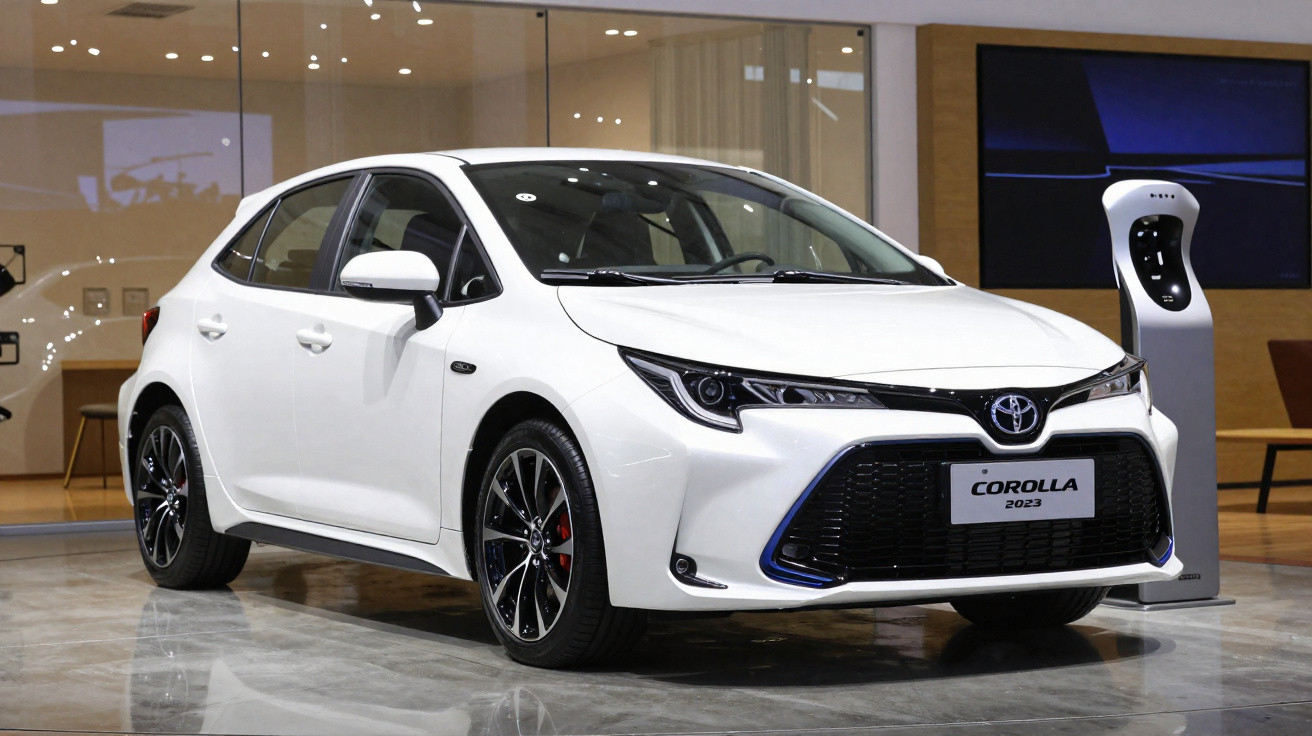 Carro branco Toyota Corolla 2023 exibido em showroom moderno com estação de carregamento ao fundo.