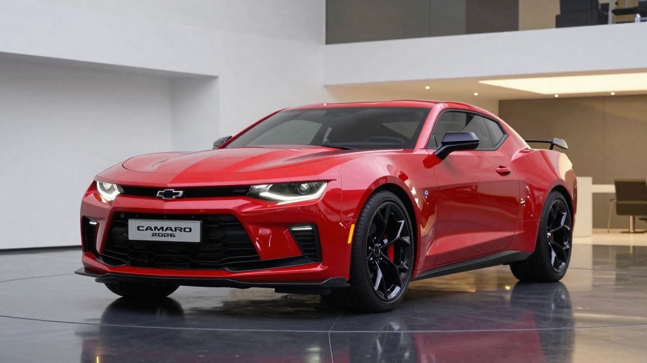Carro esportivo vermelho Chevrolet Camaro 2026 em ambiente interno moderno, com rodas pretas e detalhes aerodinâmicos.
