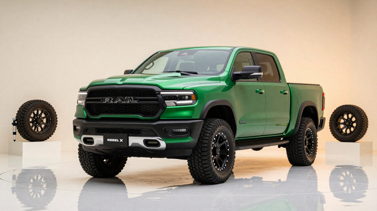 Picape verde RAM Rebel X em estúdio com dois pneus adicionais ao lado.