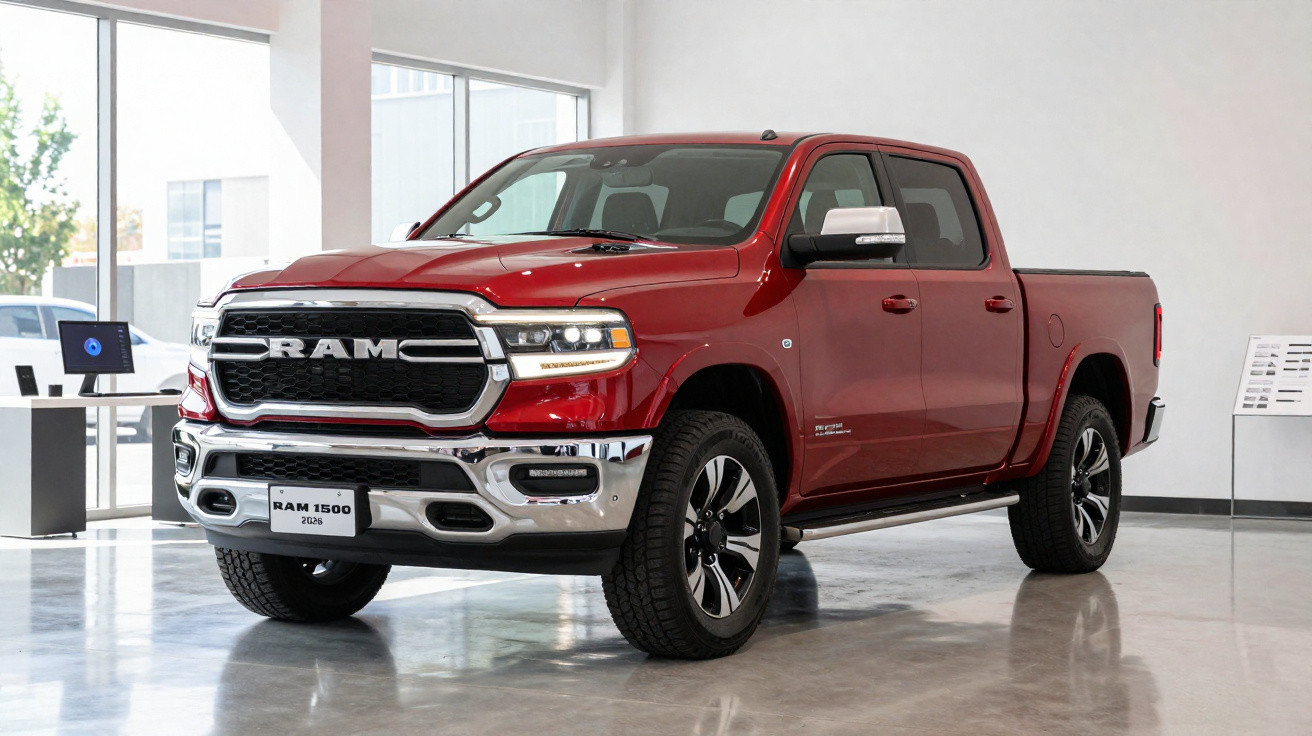 Picape RAM 1500 2023 vermelha exibida em showroom moderno com paredes claras e piso brilhante.