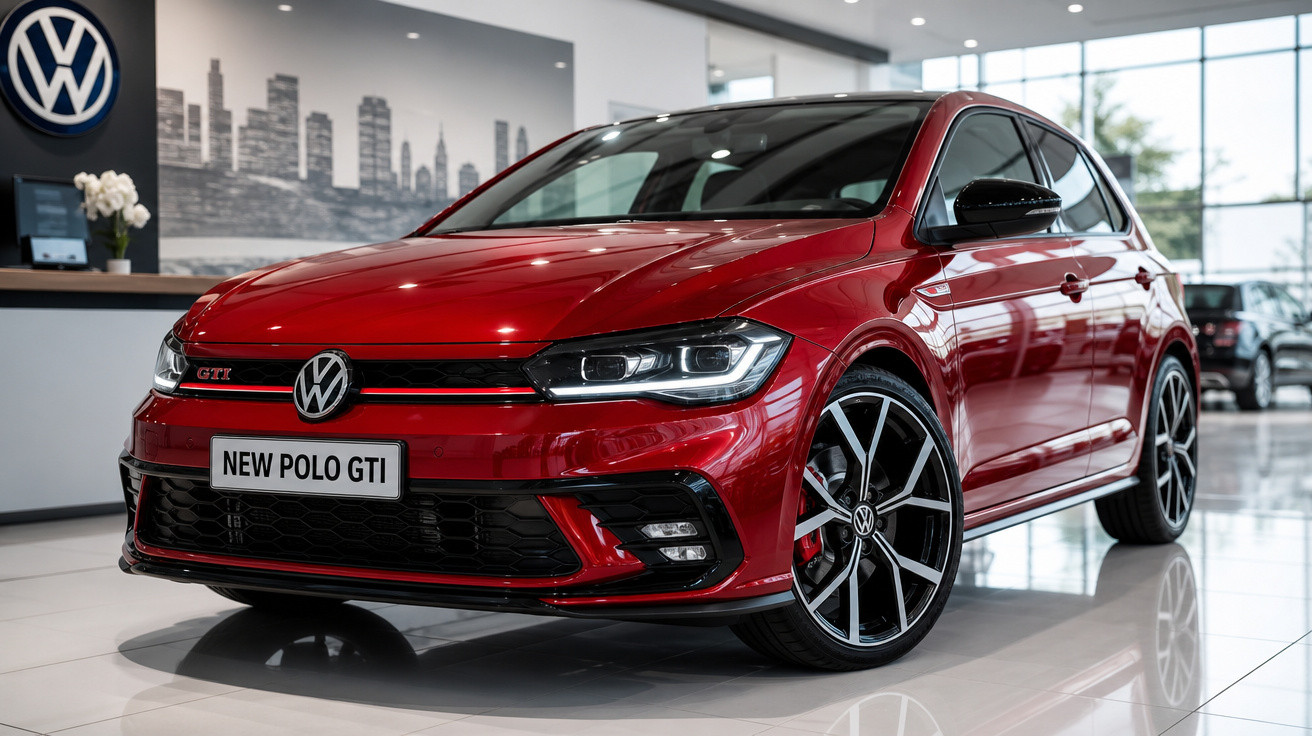 Carro vermelho Volkswagen New Polo GTI em destaque dentro de concessionária iluminada.