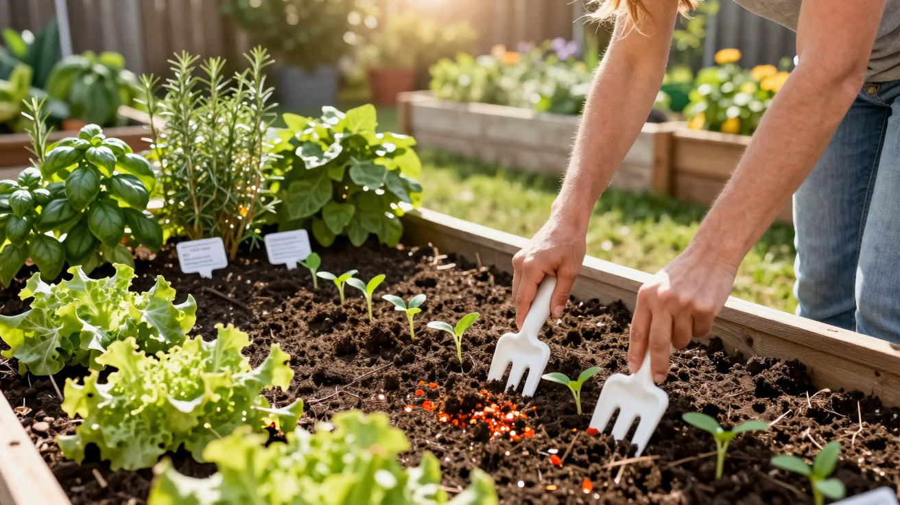 Pessoa usando ferramentas de mão para cuidar de mudas em canteiro de horta com ervas e verduras.