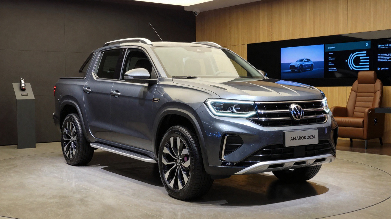 Picape Volkswagen Amarok 2026 cinza exposta em showroom com poltrona marrom e tela ao fundo.