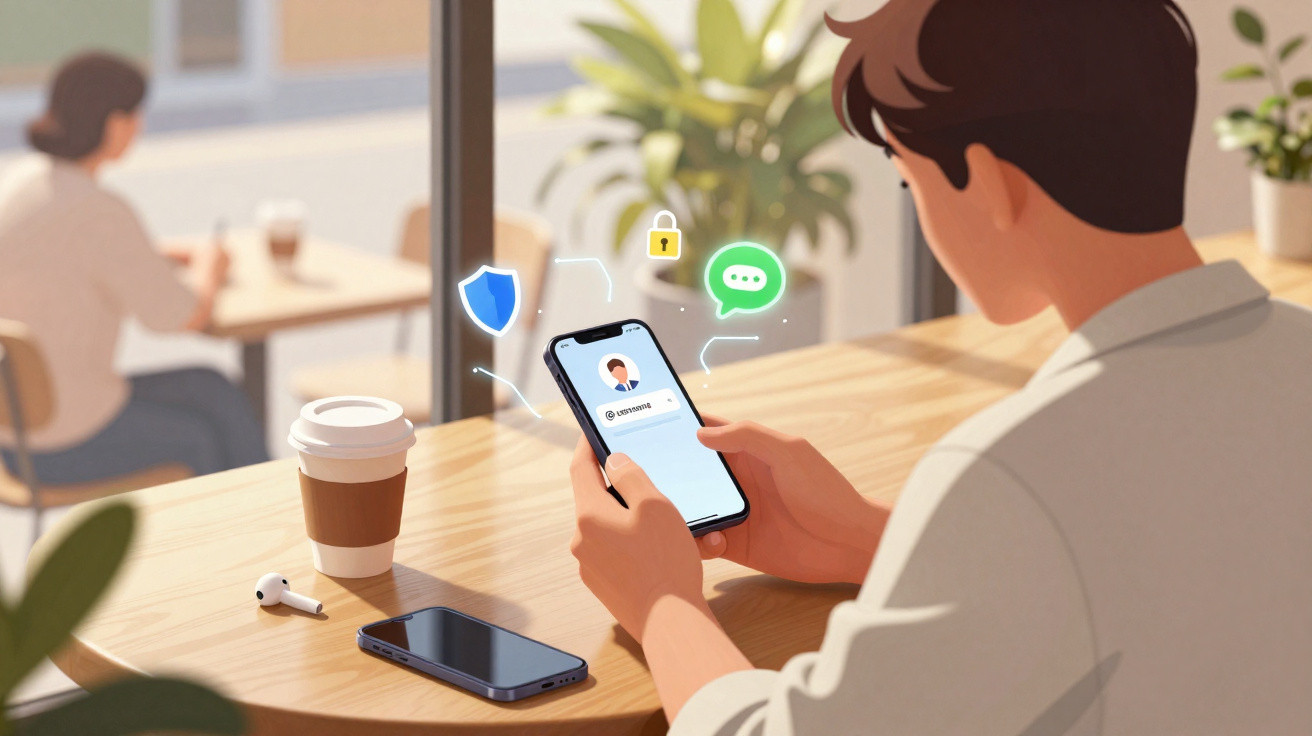 Homem usando smartphone em café, com ícones digitais de segurança e mensagem na tela.