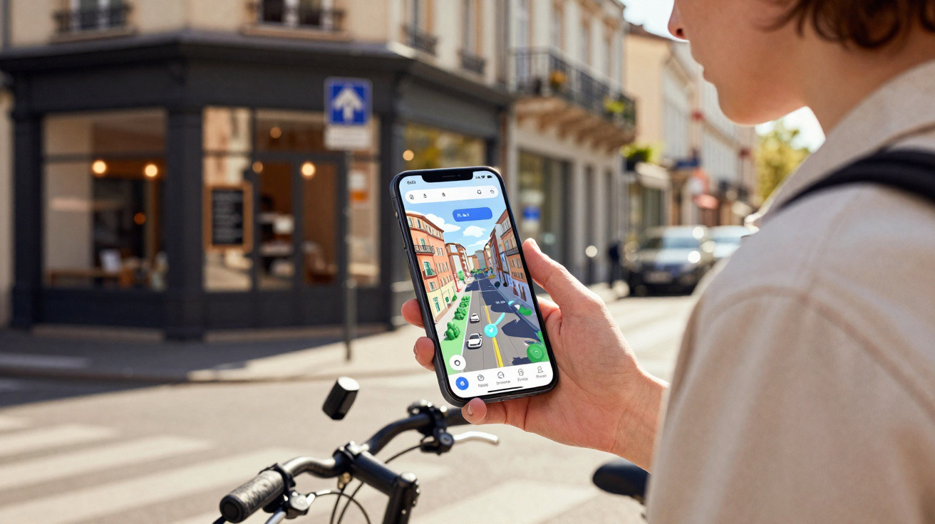 Pessoa segurando celular com aplicativo de navegação aberto, em rua urbana próxima a uma bicicleta.