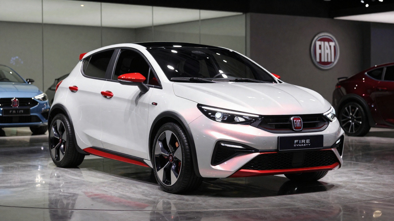 Carro Fiat Fire Dynasty branco com detalhes vermelhos em exposição dentro de showroom moderno.