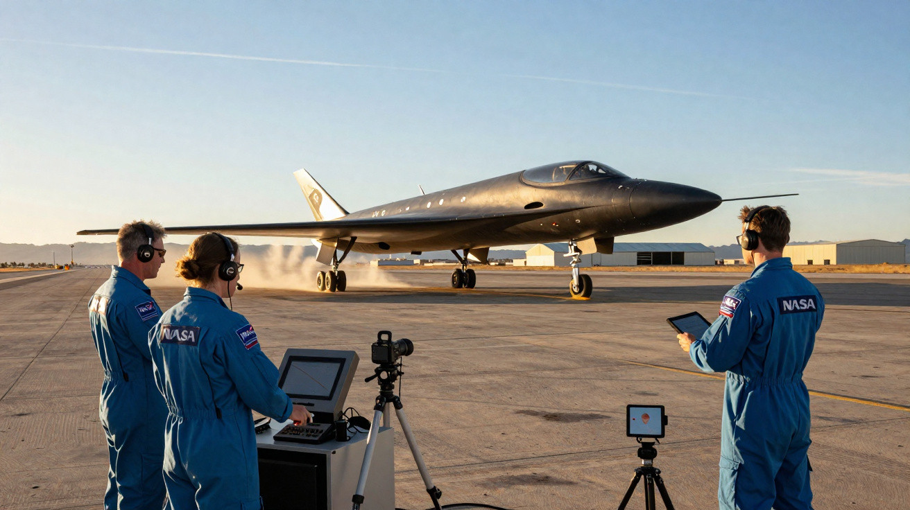 Três técnicos da NASA monitoram um avião preto futurista na pista ao pôr do sol.